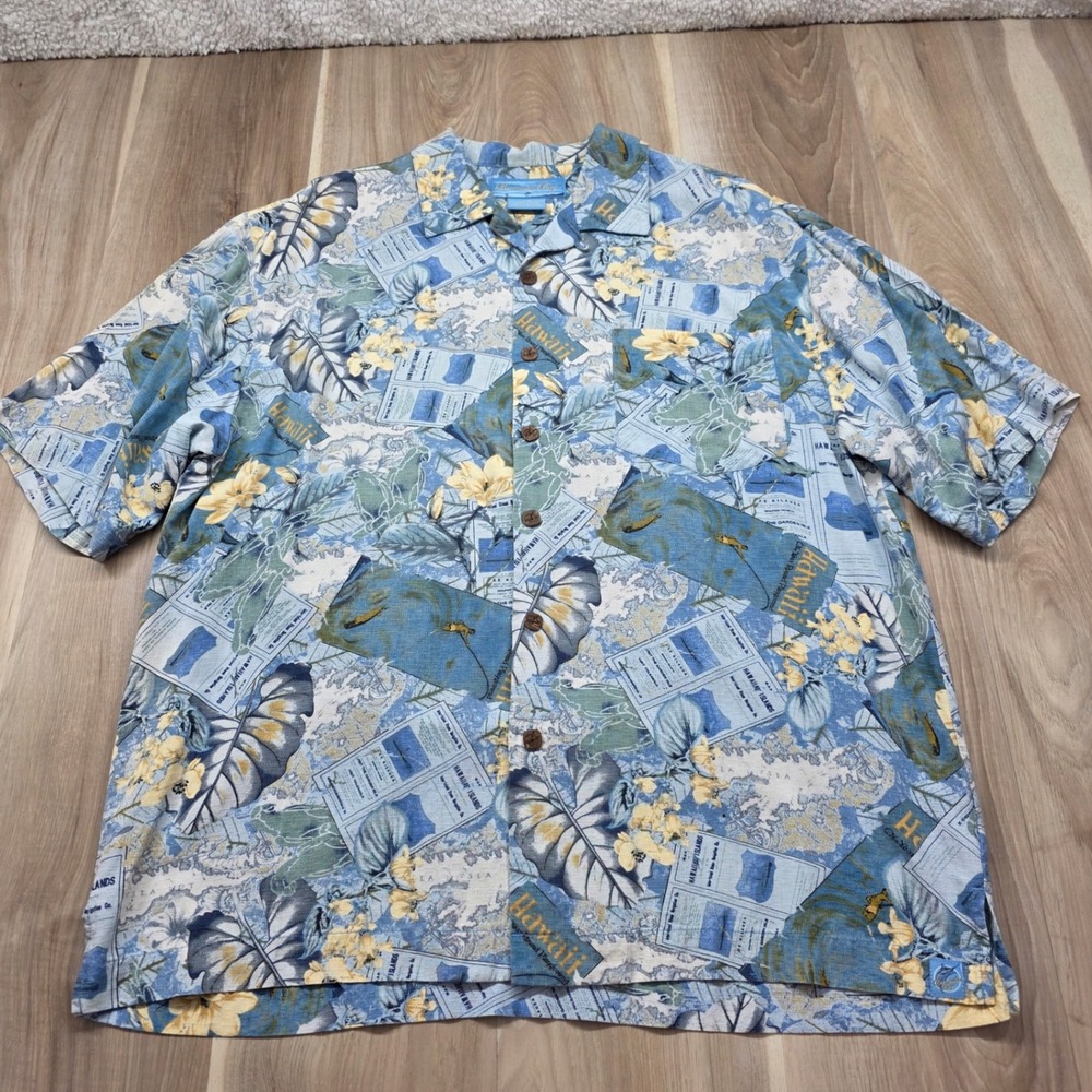 Bermuda Bay Hawaiian Shirt 100% Silk Vintage Map Print‎ Blue Floral Mens Large L